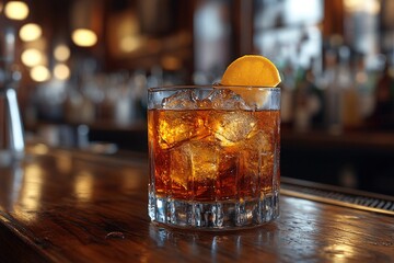 Old Fashioned presented on an oak bar top in a classic American speakeasy
