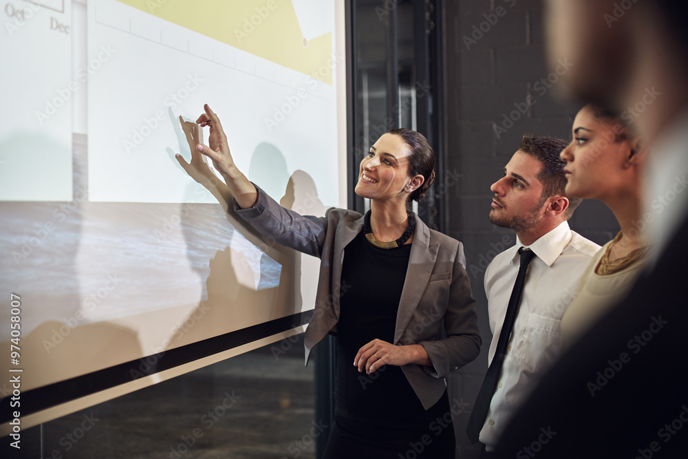 Leinwandbilder boardroom, pointing and group in meeting, monitor and controller with financial report and teamwork.