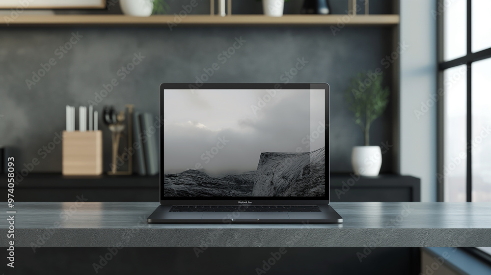Poster laptop screen mockup placed on a desk, with a modern workspace setup in the background to showcase a