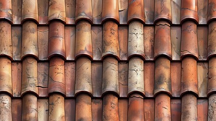 Roof covered with ceramic tiles, featuring a textured surface of clay tiles, background.