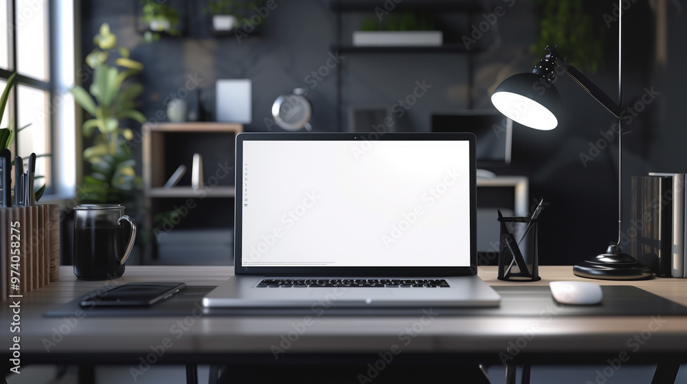 Poster laptop screen mockup placed on a desk, with a modern workspace setup in the background to showcase a