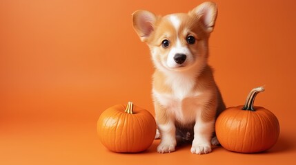 Puppy with pumpkin on an orange background