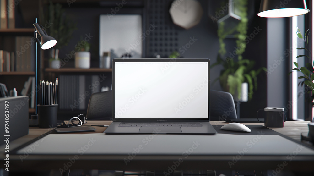 Poster laptop screen mockup placed on a desk, with a modern workspace setup in the background to showcase a