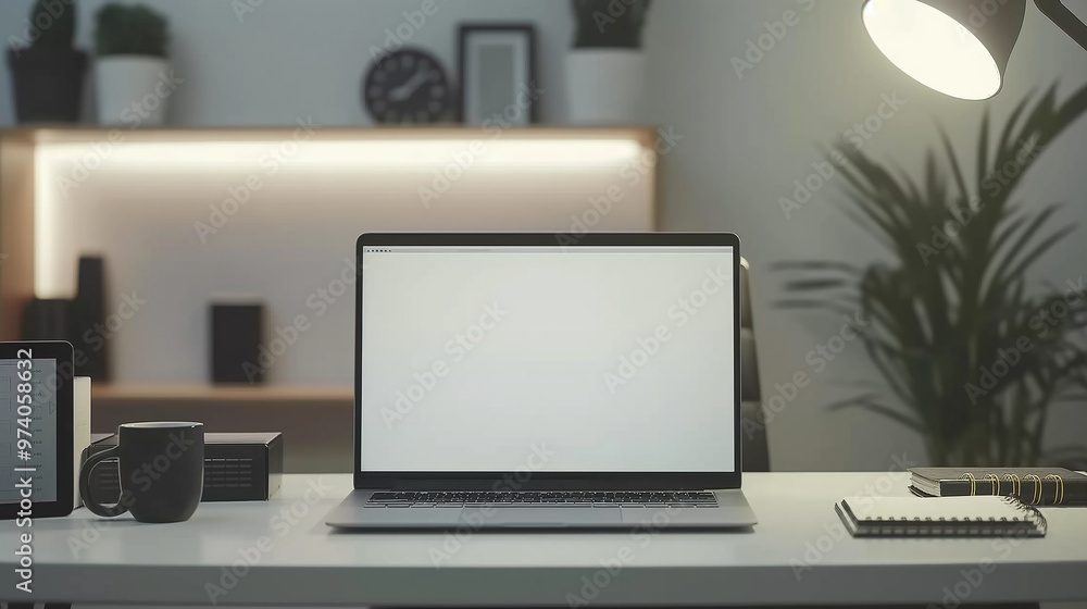 Poster laptop screen mockup placed on a desk, with a modern workspace setup in the background to showcase a