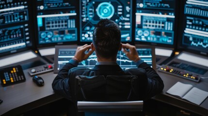 It specialist analyzing cyber threats with holographic interface in a cutting edge office space