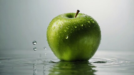 Fresh green apple splashing in clear water with droplets glistening at midday