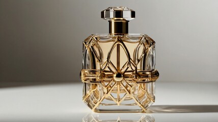 Elegant glass perfume bottle showcasing intricate design and light reflections against a minimalist background