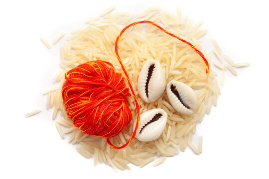 A pile of rice with kalawa (pooja thread) and Cowrie (Cypraea chinensis). Isolated on a white background.