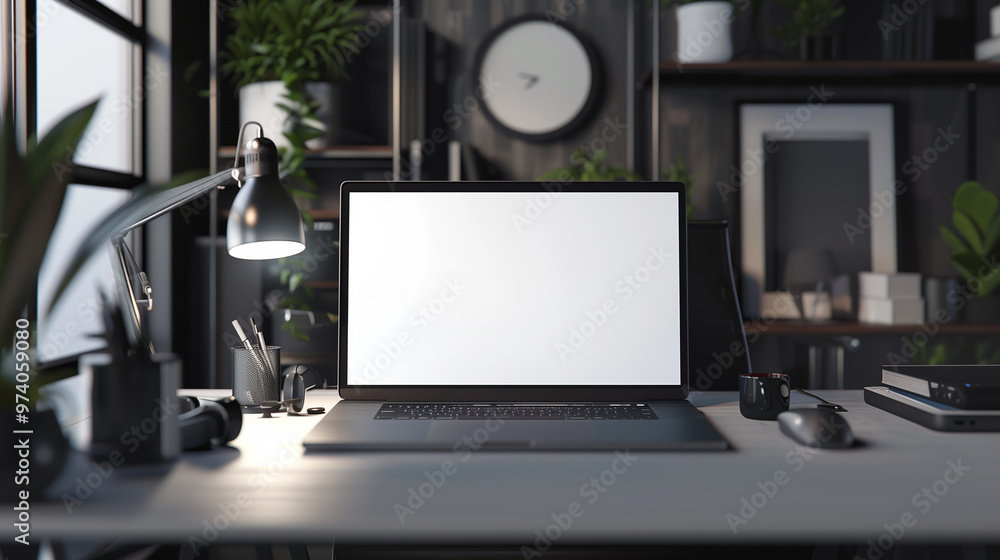 Poster laptop screen mockup placed on a desk, with a modern workspace setup in the background to showcase a