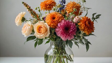 Beautiful bouquet of vibrant flowers in a clear vase on a white table against a simple backdrop