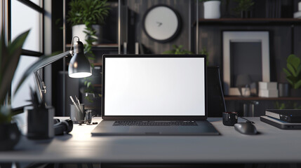 Laptop screen mockup placed on a desk, with a modern workspace setup in the background to showcase a responsive web design.