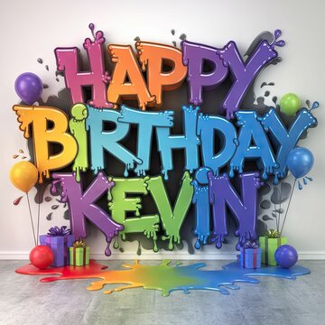 Happy birthday Kevin poster, with colorful letters and balloons in various sizes scattered around, creating a festive and joyful atmosphere.