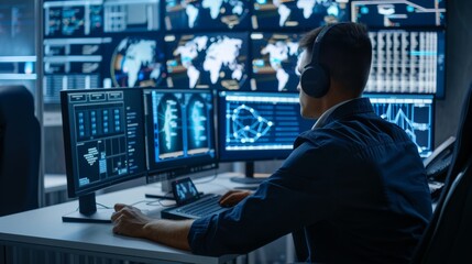 Futuristic it specialist analyzing cyber threats with holographic interface in sleek office setting