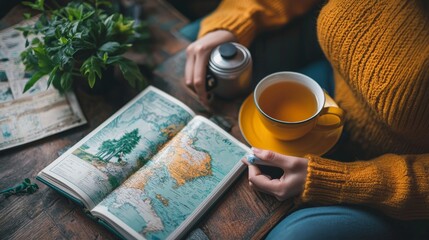 Woman Drinking Tea and Planning Travel on World Map