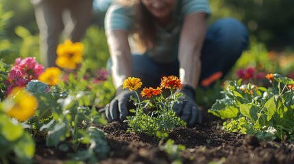 Fototapeta premium Closeup of Hands Planting Yellow and Orange Flowers in Garden Bed