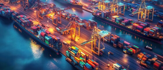 Fototapeta premium Cargo ships docked at a busy port with containers being transferred onto trucks vibrant logistics supply chain