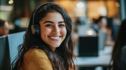 Latino customer support specialist smiling headset connected multitasking sleek workspace office vibes with team