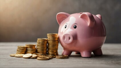 Pink piggy bank with gold coins