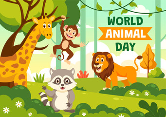 World Animal Day Vector Illustration with a Variety of Animals or Wildlife in the Natural Habitat to Forest Protection and Environmental Awareness