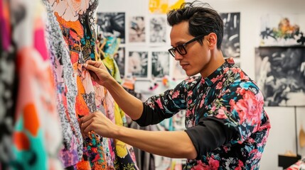 LGBTQIA designer pinning fabric to a mannequin vibrant studio colorful fabrics bold patterns scattered sketches runway-ready collection