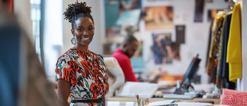 LGBTQIA fashion designer leading a team in a busy studio creative collaboration fashion-forward ideas flowing fabrics tools innovative designs coming to life