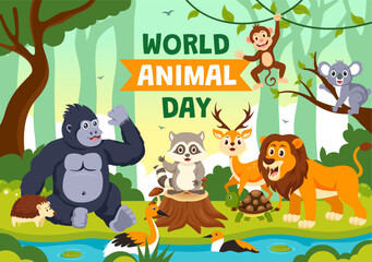 World Animal Day Vector Illustration with a Variety of Animals or Wildlife in the Natural Habitat to Forest Protection and Environmental Awareness