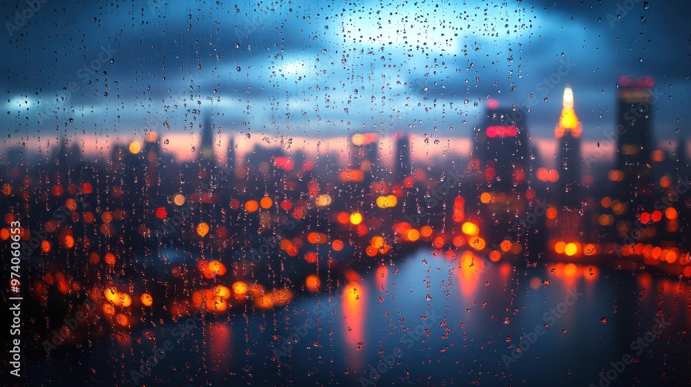 Wall mural rainy cityscape with blurred lights and reflections at dusk.