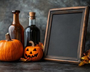 Gothic Wooden Frame Beside Pumpkins and Vintage Bottles for Halloween Decor