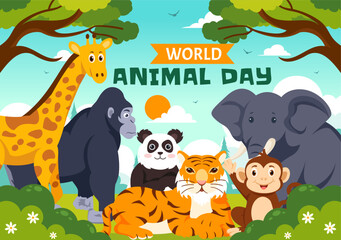Naklejka premium World Animal Day Vector Illustration with a Variety of Animals or Wildlife in the Natural Habitat to Forest Protection and Environmental Awareness