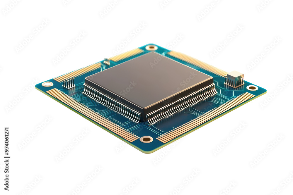 Poster high-resolution close-up of a microchip, showcasing intricate electronic components on a printed cir