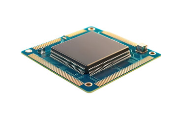 High-resolution close-up of a microchip, showcasing intricate electronic components on a printed circuit board.