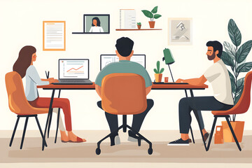 Illustration of Office Team Working Together on Laptops, Remote Meeting with Online Collaboration, Professionals Analyzing Data and Graphs, Productive Workspace, Digital Workflow