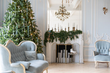 festively decorated home interior with Christmas tree