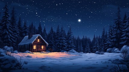 Fototapeta premium Abandoned wooden house illuminate the snow-covered spruce canopy during moonrise, moonset