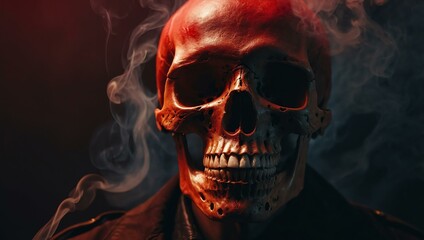 Skull in red smoke with a cigarette, highlighting smoking's risks