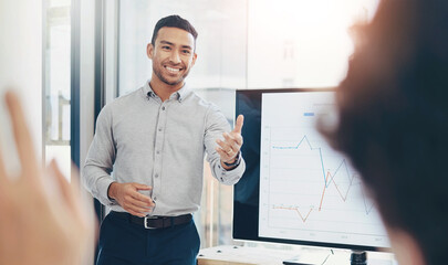 Man, presentation and graphs on screen in office with smile for question, audience and raised hand...