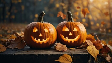 Smiling Halloween pumpkins with autumn leaves and bats