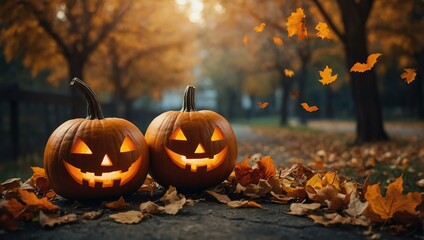 Smiling Halloween pumpkins with autumn leaves and bats