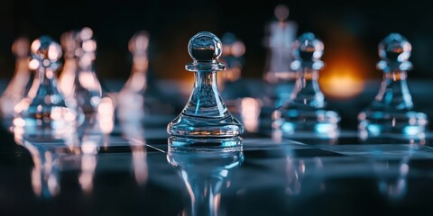 A close-up of glass chess pieces reflecting light on a dark board, showcasing strategy and elegance in a timeless game.