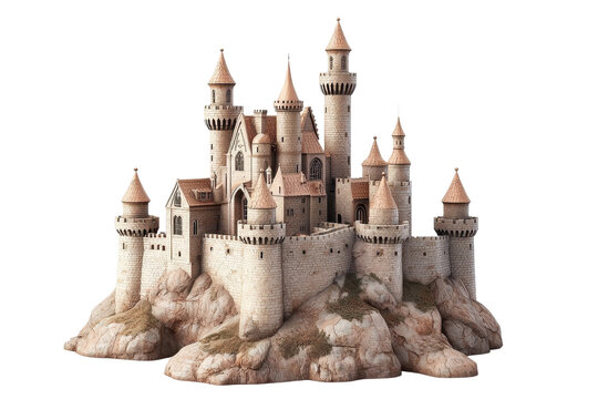 Majestic medieval castle perched on rocky hilltop, featuring turrets and stone walls. Perfect for fantasy and historical themes.