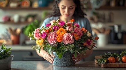 Fototapeta premium Woman Arranging Beautiful Mixed Flowers in a Vase