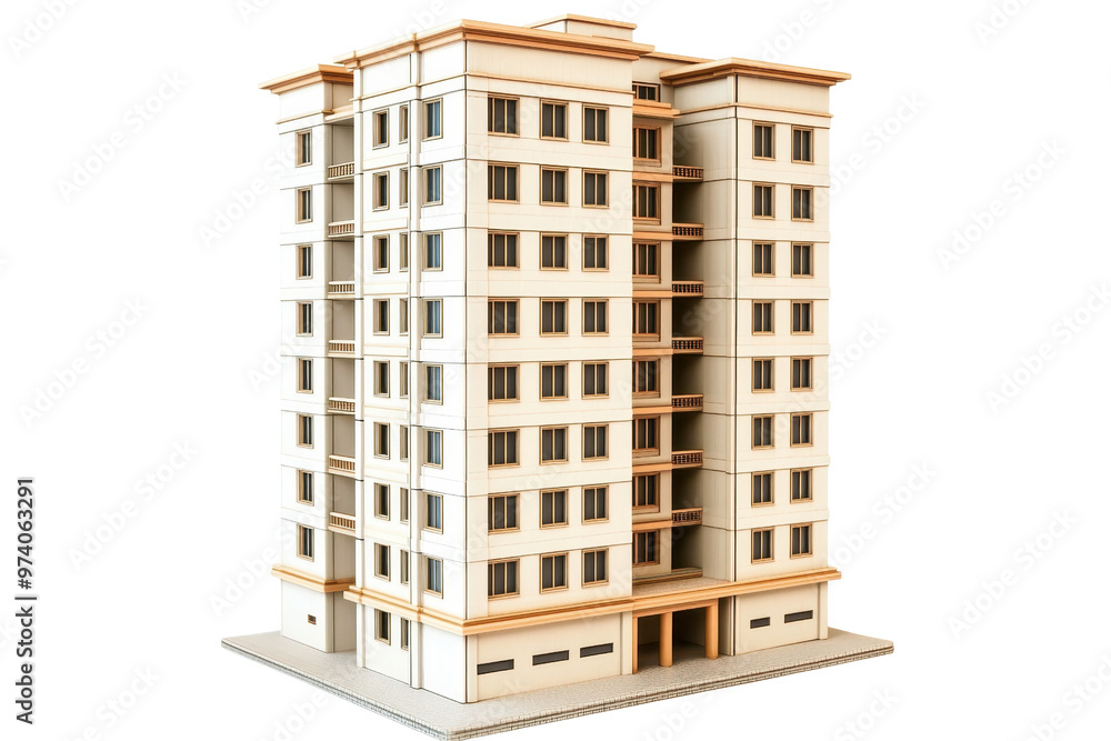 Poster modern high-rise apartment building with multiple floors and windows, isolated on transparent backgr