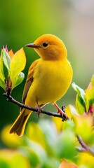 Obraz premium A yellow bird perches on a tree branch against a backdrop of a green leafed tree; its foliage displays red and yellow hues