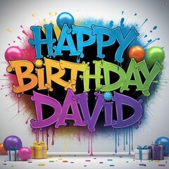 Happy birthday David poster, with colorful letters and balloons in various sizes scattered around, creating a festive and joyful atmosphere.