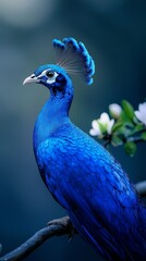 Fototapeta premium A blue bird perched on a branch against a dark blue backdrop, wearing a feather atop its head; white blooms nearby