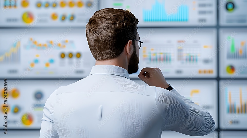 Poster a businessman studies charts and graphs on screens, navigating the intricate world of data and decis