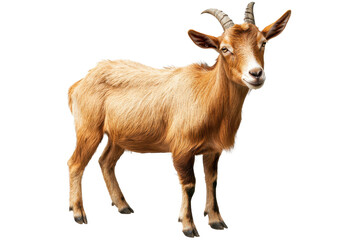 Fototapeta premium Portrait of a brown goat with horns looking forward, isolated on a transparent background. Perfect for farm and nature-related themes.