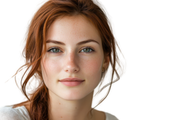 Portrait of a young woman with red hair and fair skin looking at the camera against a transparent background. Natural beauty and serene expression.