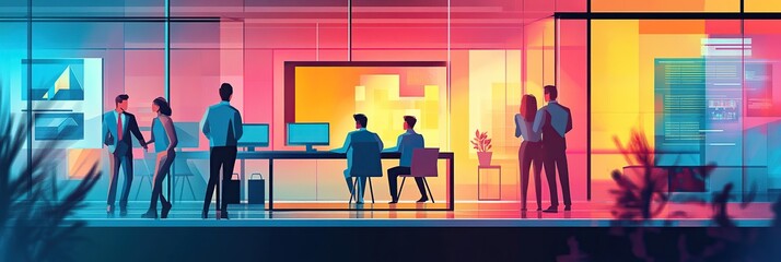 Silhouettes of colleagues working in a modern office with vibrant colors.