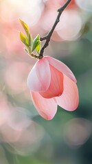  A tight shot of a pink bloom on a tree branch, surrounded by softly blurred background light
